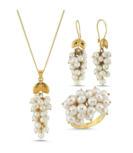 Grape Cluster Natural Pearl Earring Necklace Ring Triple Set