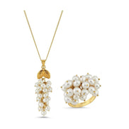 Grape Cluster Natural Pearl Necklace Ring Double Set
