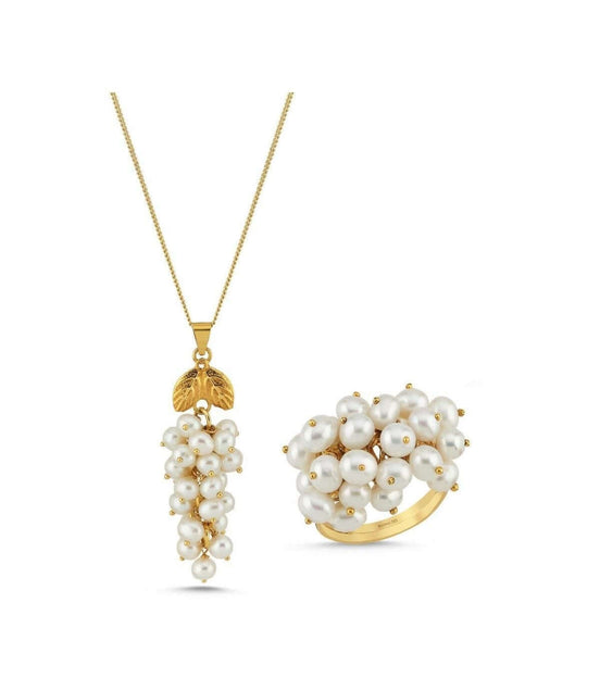 Grape Cluster Natural Pearl Necklace Ring Double Set