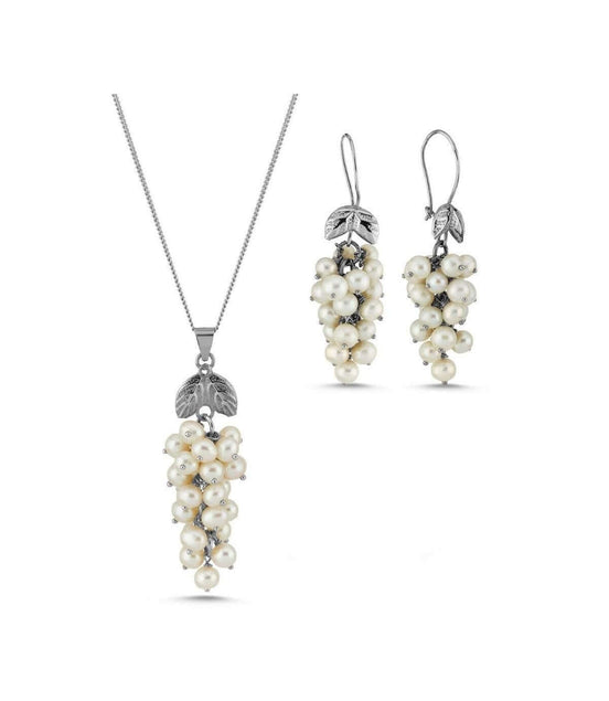 Grape Cluster Natural Pearl Earring Necklace Double Set