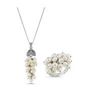 Grape Cluster Natural Pearl Necklace Ring Double Set