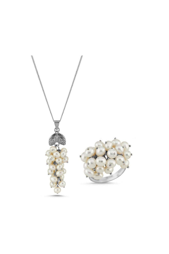 Grape Cluster Natural Pearl Necklace Ring Double Set