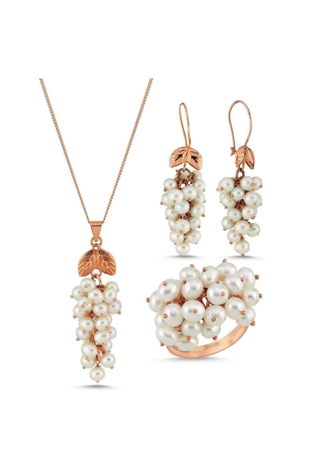 Grape Cluster Natural Pearl Earring Necklace Ring Triple Set