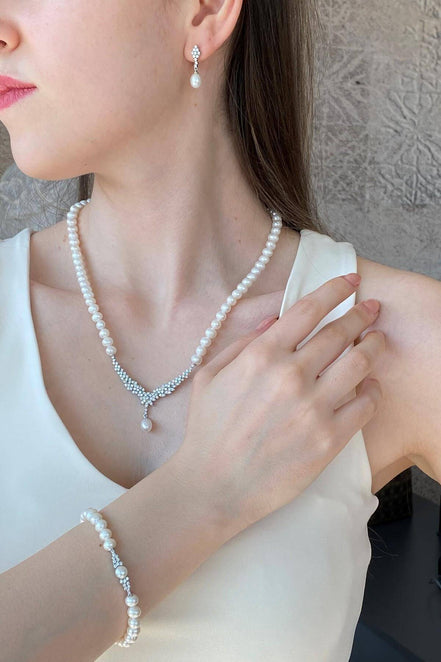 Taşlı Doğal İnci Küpe Kolye Bileklik Üçlü Set | | Birinci1926