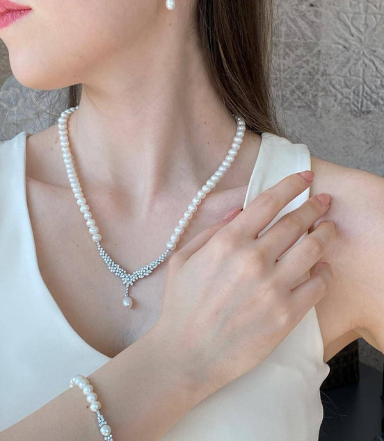 Taşlı Doğal İnci Küpe Kolye Bileklik Üçlü Set | | Birinci1926