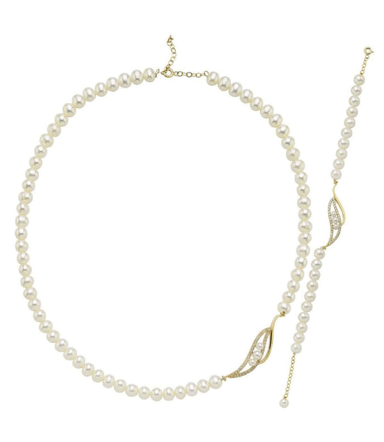 Yaprak Taşlı Doğal İnci Kolye Bileklik İkili Set | | Birinci1926