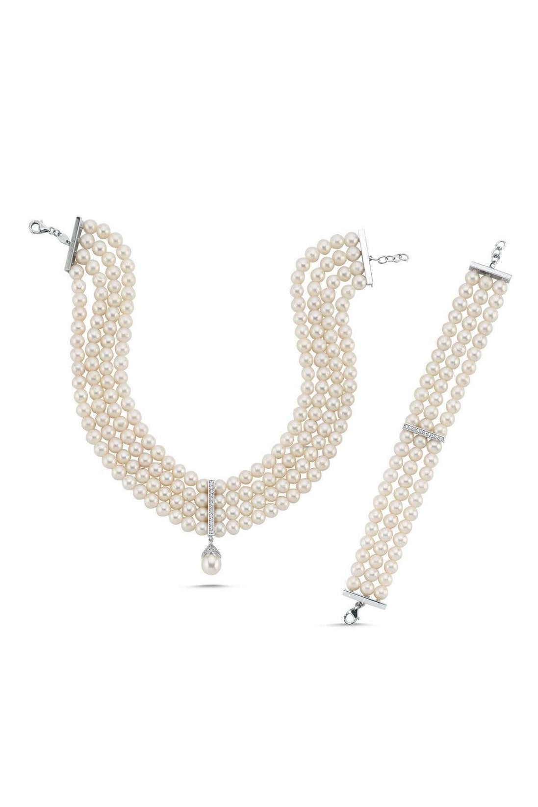 Choker Zirkon Taşlı Doğal İnci Kolye Bileklik İkili Set | | Birinci1926