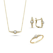 Crispy Natural Pearl 0,45 Karat Diamond Earring Necklace Ring Triple Set