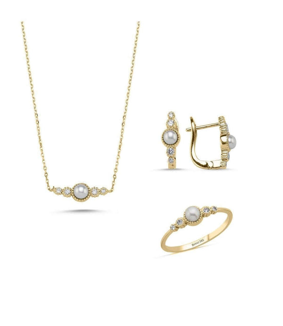 Crispy Natural Pearl 0,45 Karat Diamond Earring Necklace Ring Triple Set