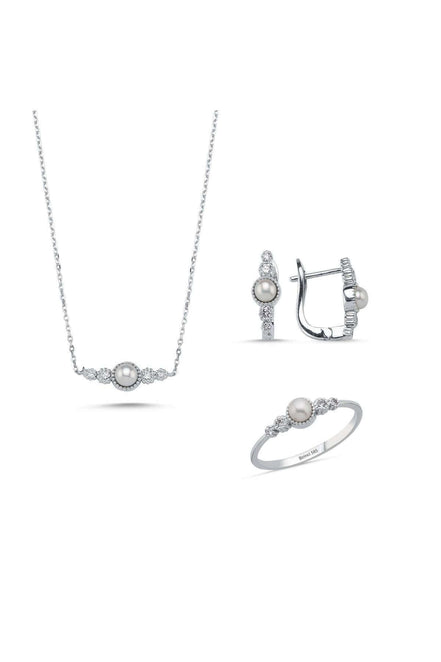 Crispy Natural Pearl 0,45 Karat Diamond Earring Necklace Ring Triple Set