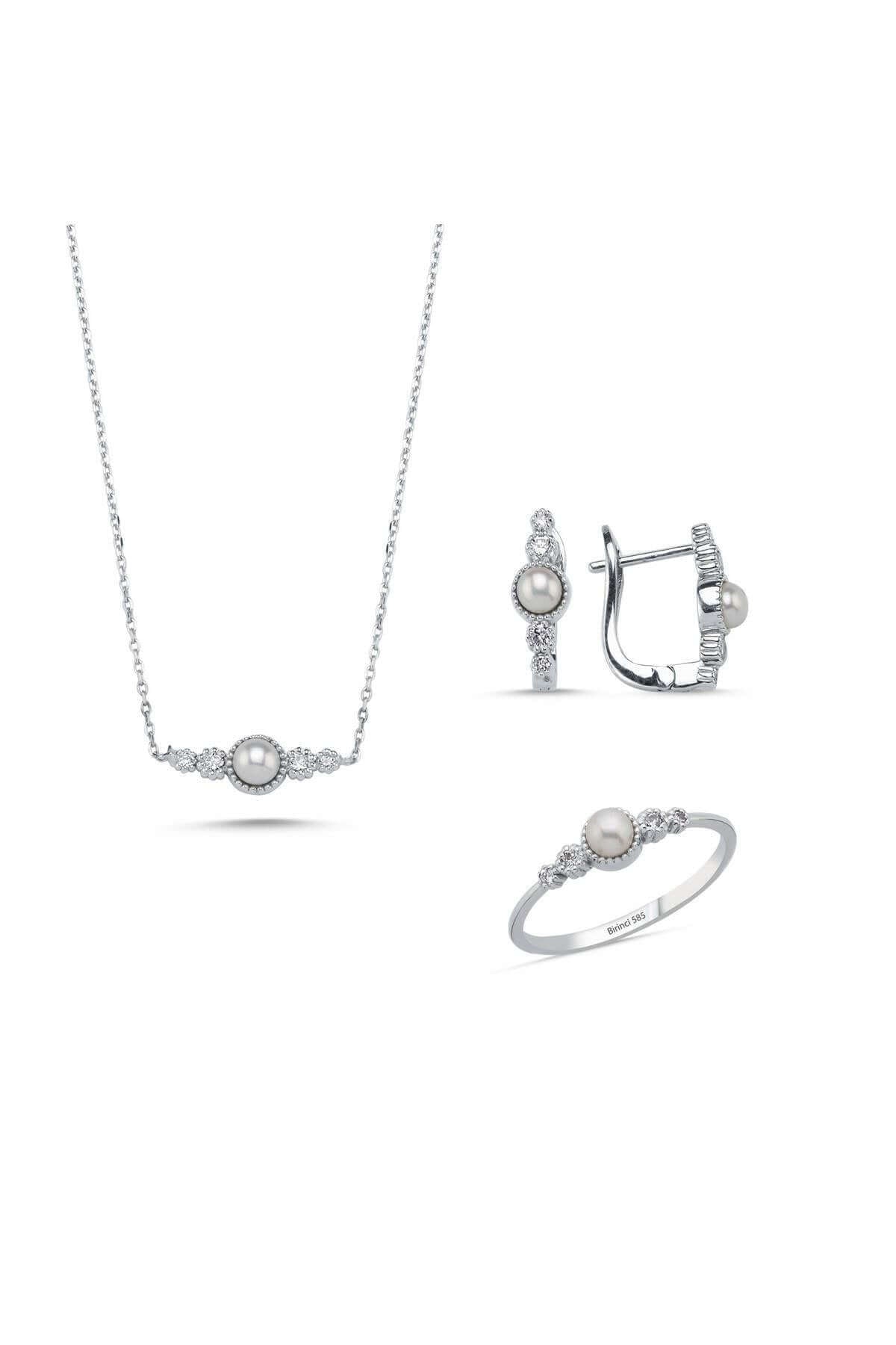 Crispy Natural Pearl 0,45 Karat Diamond Earring Necklace Ring Triple Set