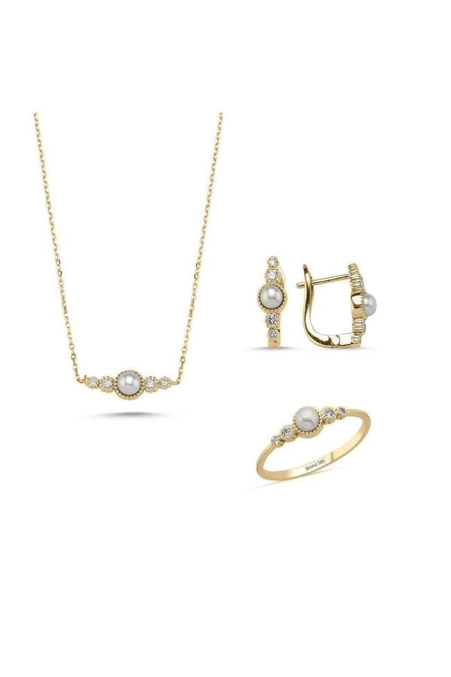 Crispy Natural Pearl 0,45 Karat Diamond Earring Necklace Ring Triple Set