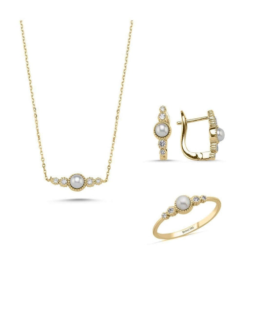 Crispy Natural Pearl 0,45 Karat Diamond Earring Necklace Ring Triple Set