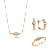 Crispy Natural Pearl 0,45 Karat Diamond Earring Necklace Ring Triple Set