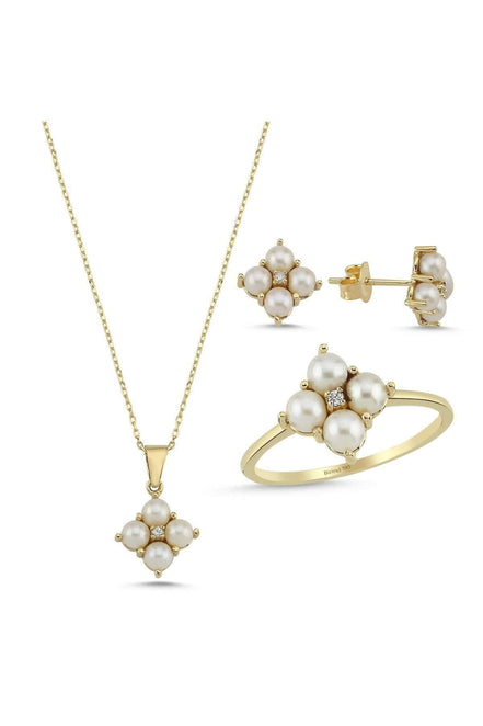 Dört Doğal İncili 0,24 Karat Pırlanta Küpe Kolye Yüzük Üçlü Set | | Birinci1926