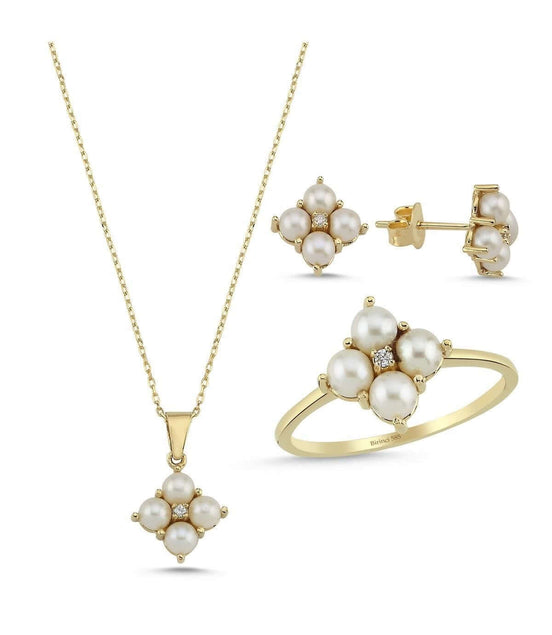 Dört Doğal İncili 0,24 Karat Pırlanta Küpe Kolye Yüzük Üçlü Set | | Birinci1926