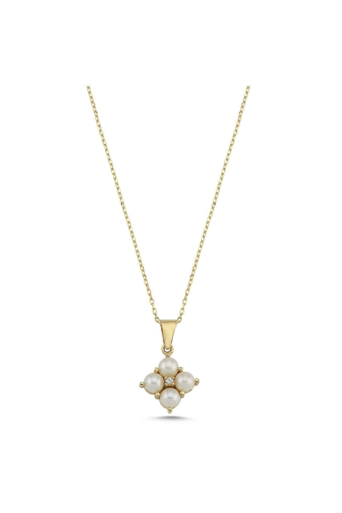 Square Four Natural Pearl 0,06 Karat Diamond Necklace
