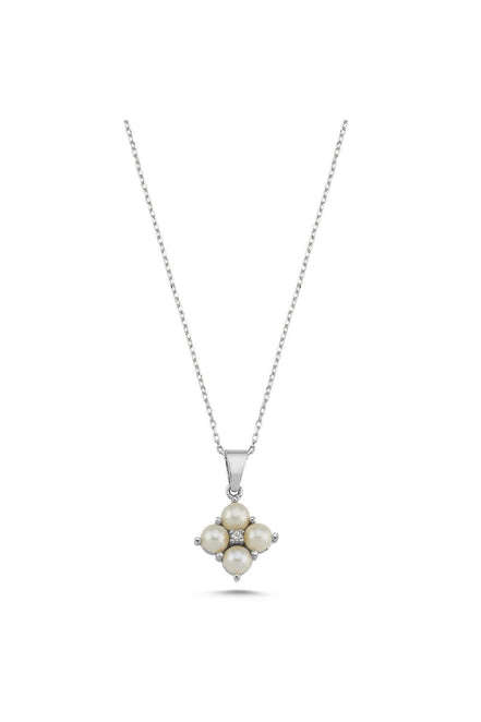 Square Four Natural Pearl 0,06 Karat Diamond Necklace