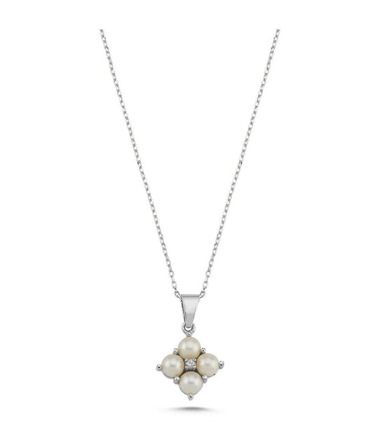 Square Four Natural Pearl 0,06 Karat Diamond Necklace