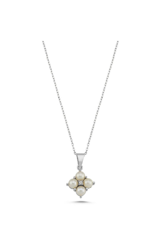 Square Four Natural Pearl 0,06 Karat Diamond Necklace