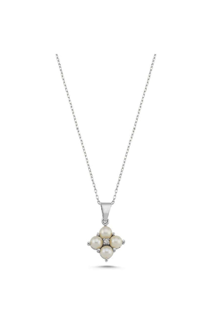 Square Four Natural Pearl 0,06 Karat Diamond Necklace