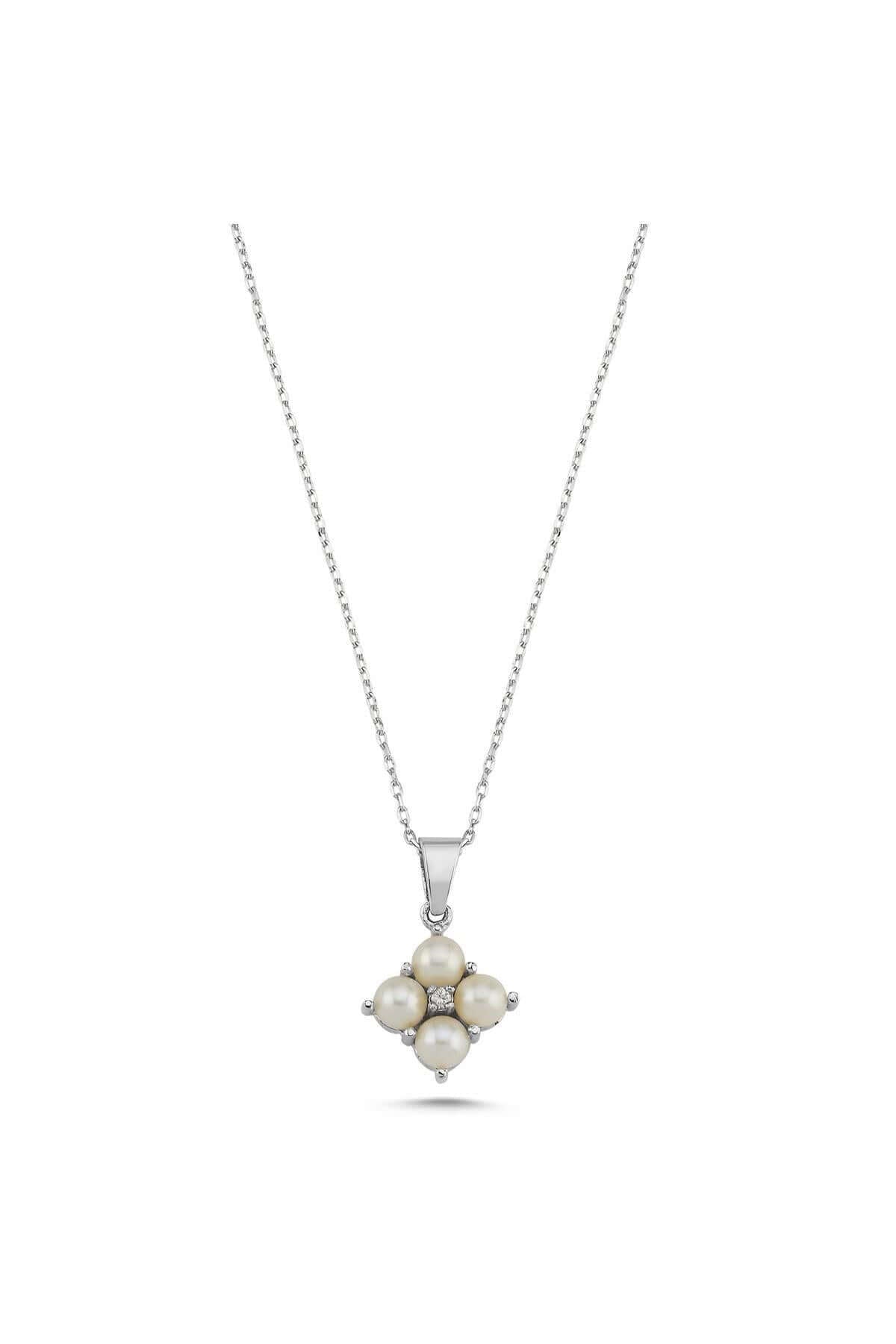 Square Four Natural Pearl 0,06 Karat Diamond Necklace