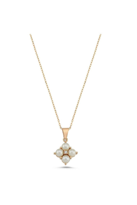 Square Four Natural Pearl 0,06 Karat Diamond Necklace