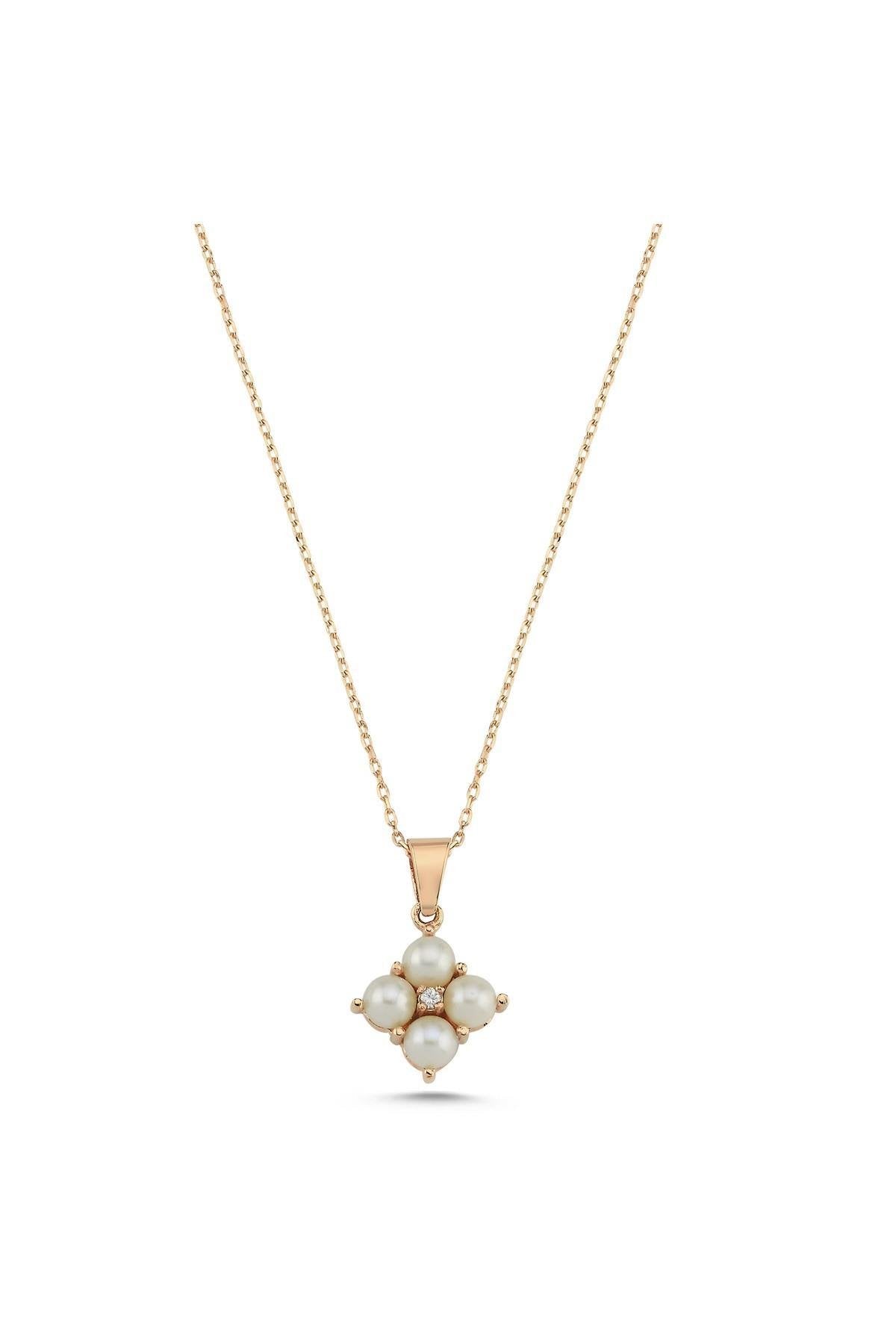 Square Four Natural Pearl 0,06 Karat Diamond Necklace