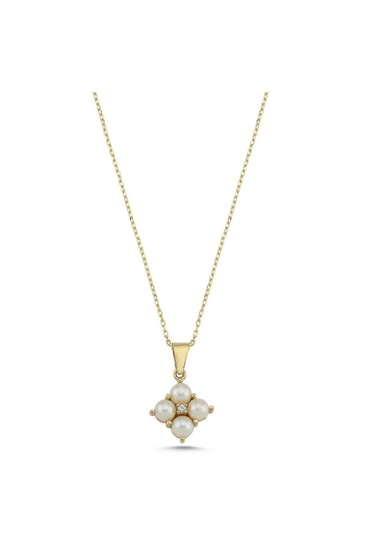 Square Four Natural Pearl 0,06 Karat Diamond Necklace