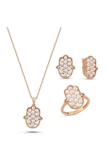 Fatma Elli Doğal İnci 0,35 Karat Pırlanta Küpe Kolye Yüzük Üçlü Set | | Birinci1926