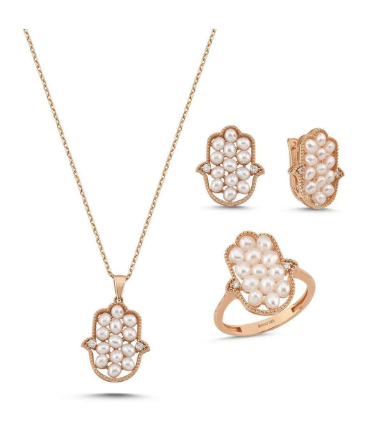 Fatma Elli Doğal İnci 0,35 Karat Pırlanta Küpe Kolye Yüzük Üçlü Set | | Birinci1926