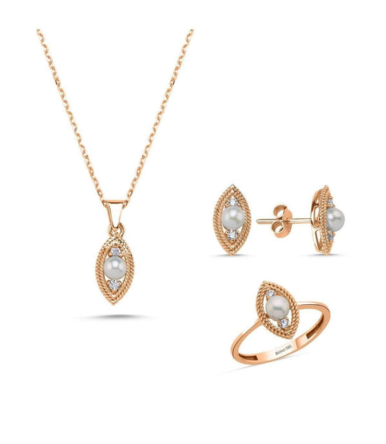 Eye Tek Natural Pearl 0,60 Karat Diamond Earring Necklace Ring Triple Set