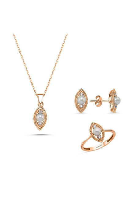 Eye Tek Natural Pearl 0,60 Karat Diamond Earring Necklace Ring Triple Set