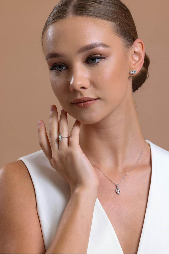 Eye Tek Natural Pearl 0,60 Karat Diamond Earring Necklace Ring Triple Set