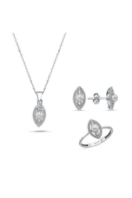 Eye Tek Natural Pearl 0,60 Karat Diamond Earring Necklace Ring Triple Set