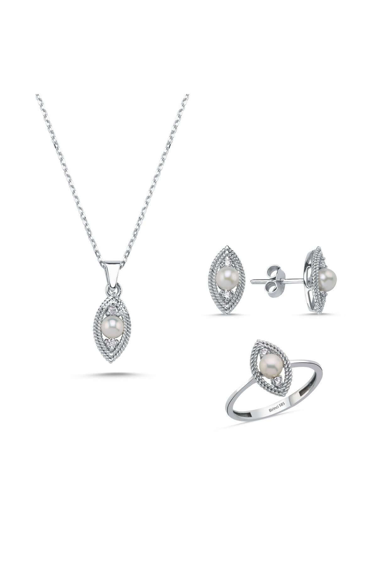 Eye Tek Natural Pearl 0,60 Karat Diamond Earring Necklace Ring Triple Set