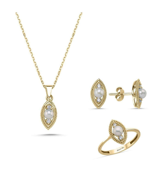 Eye Tek Natural Pearl 0,60 Karat Diamond Earring Necklace Ring Triple Set