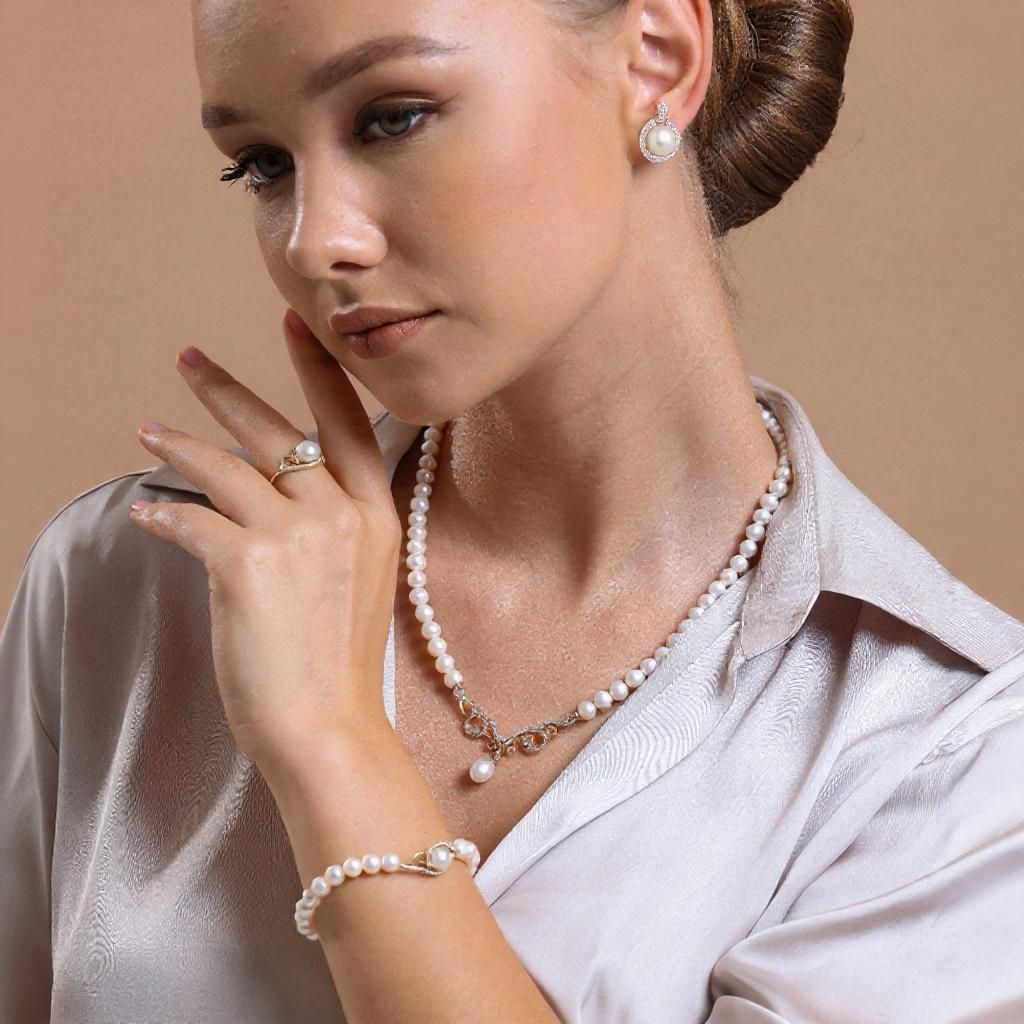 Stone Natural Pearl Necklace Bracelet Ring Earring Quadruple Set