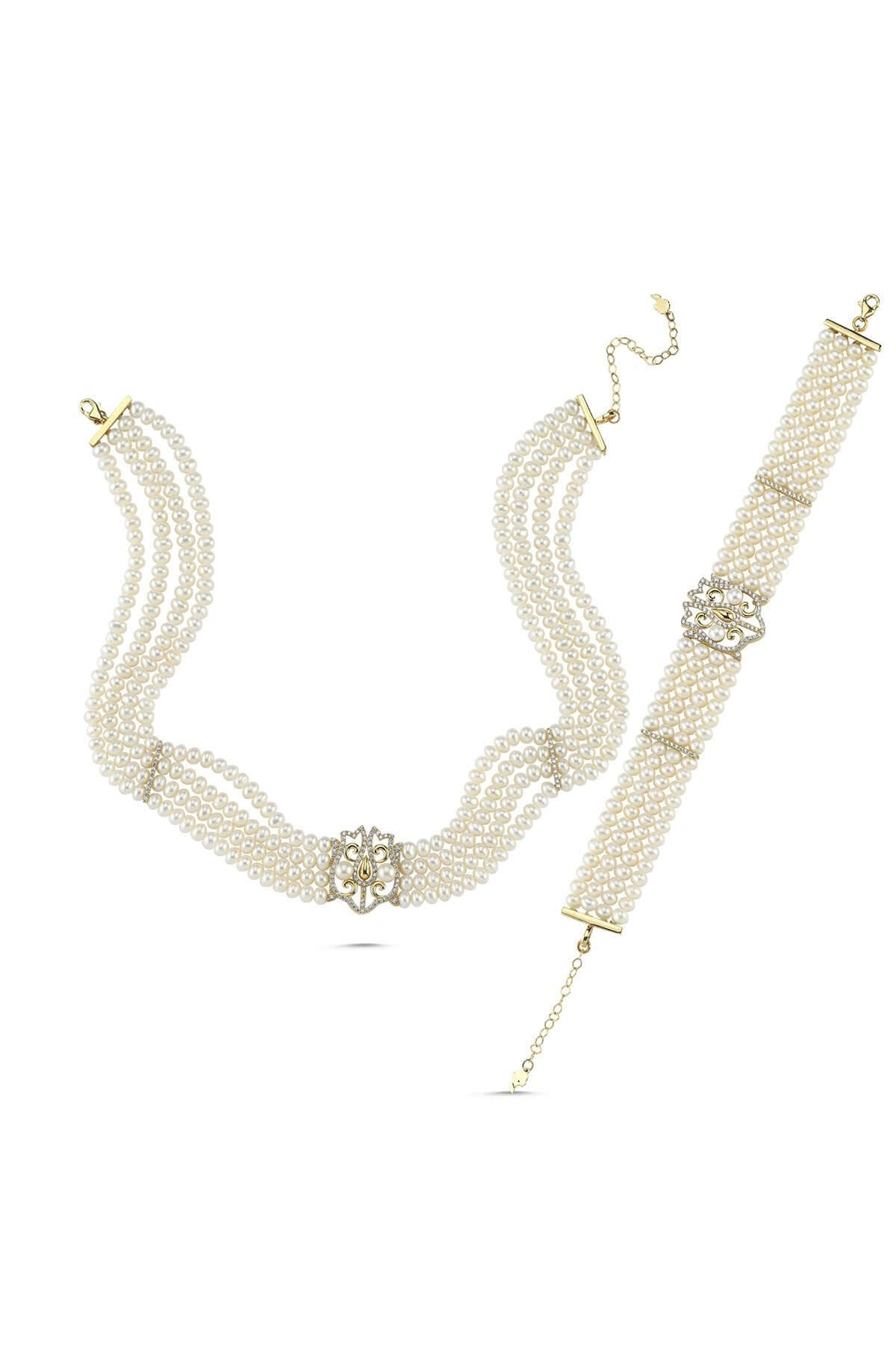Lale Motif Four Lined Up Natural Pearl Necklace Bracelet Double Set
