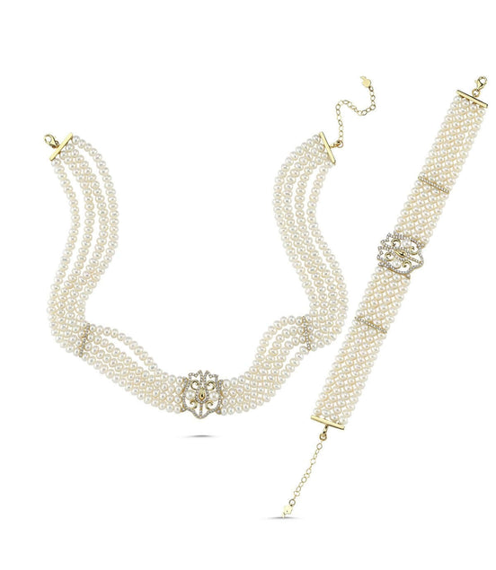 Lale Motif Four Lined Up Natural Pearl Necklace Bracelet Double Set