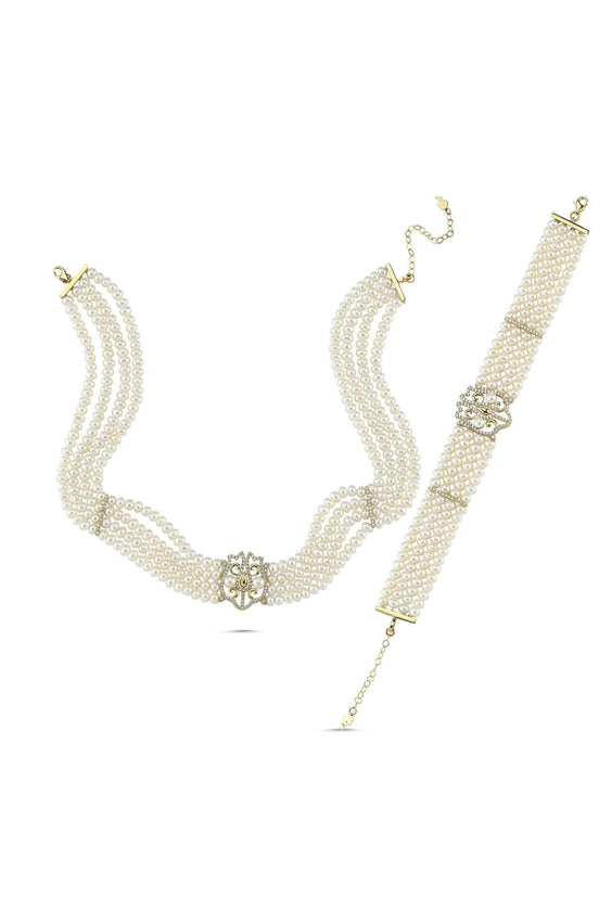 Lale Motif Four Lined Up Natural Pearl Necklace Bracelet Double Set