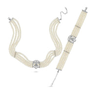 Lale Motif Four Lined Up Natural Pearl Necklace Bracelet Double Set