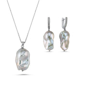 Gray Baroque Natural Pearl Necklace Earring Double Set