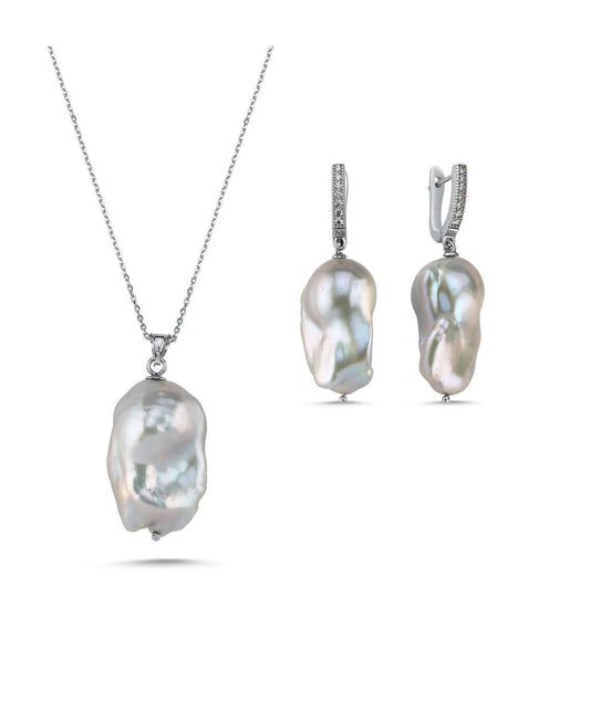 Gray Baroque Natural Pearl Necklace Earring Double Set
