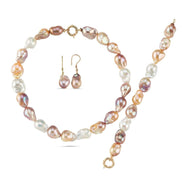 Multicolor Natural Baroque Pearl Necklace Bracelet Earring Triple Set