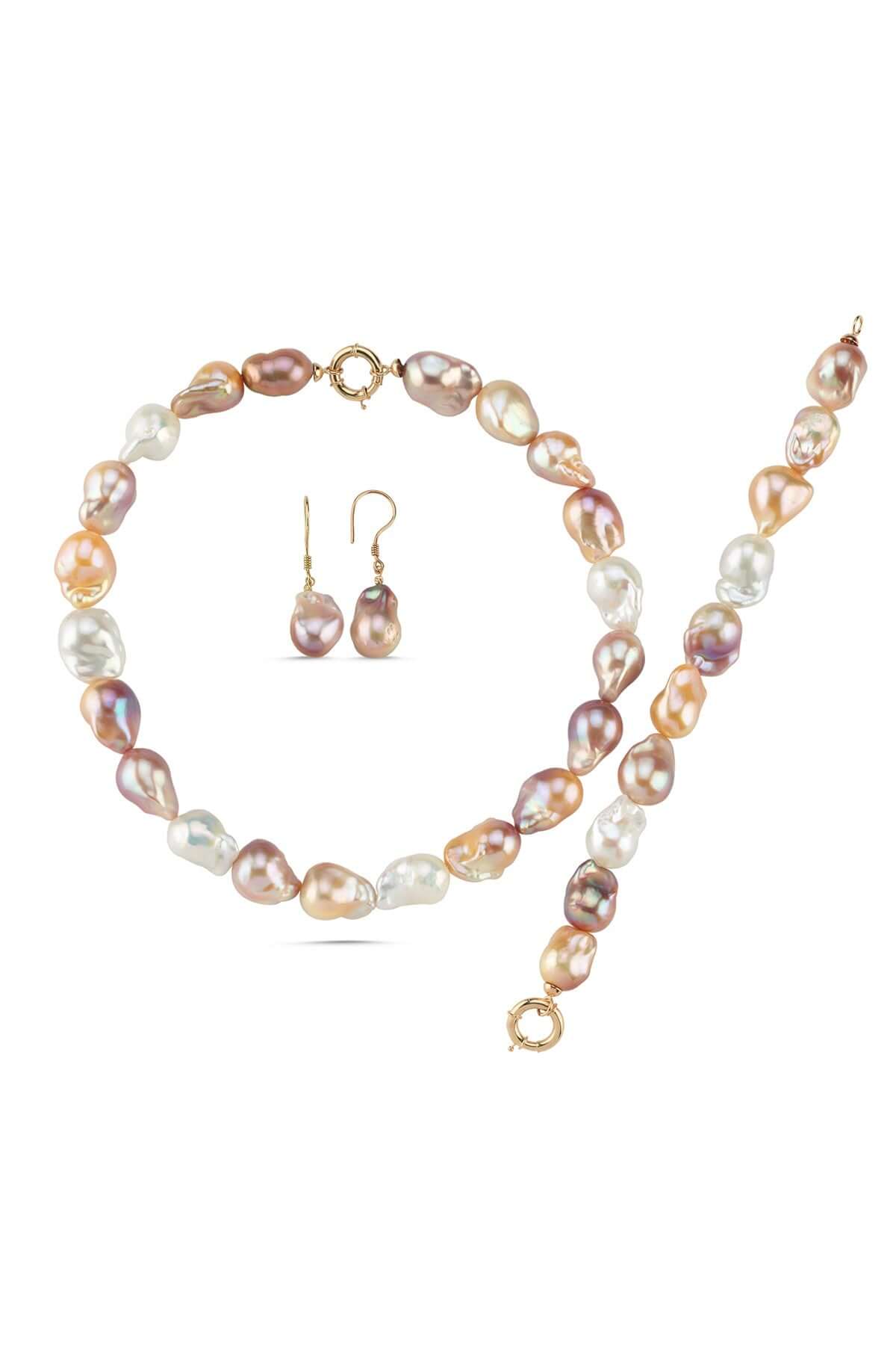 Multicolor Natural Baroque Pearl Necklace Bracelet Earring Triple Set
