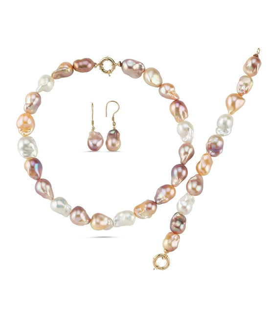 Multicolor Natural Baroque Pearl Necklace Bracelet Earring Triple Set