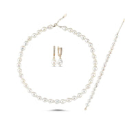 Lined Up Drop Natural Pearl Necklace Bracelet Earring Triple Set