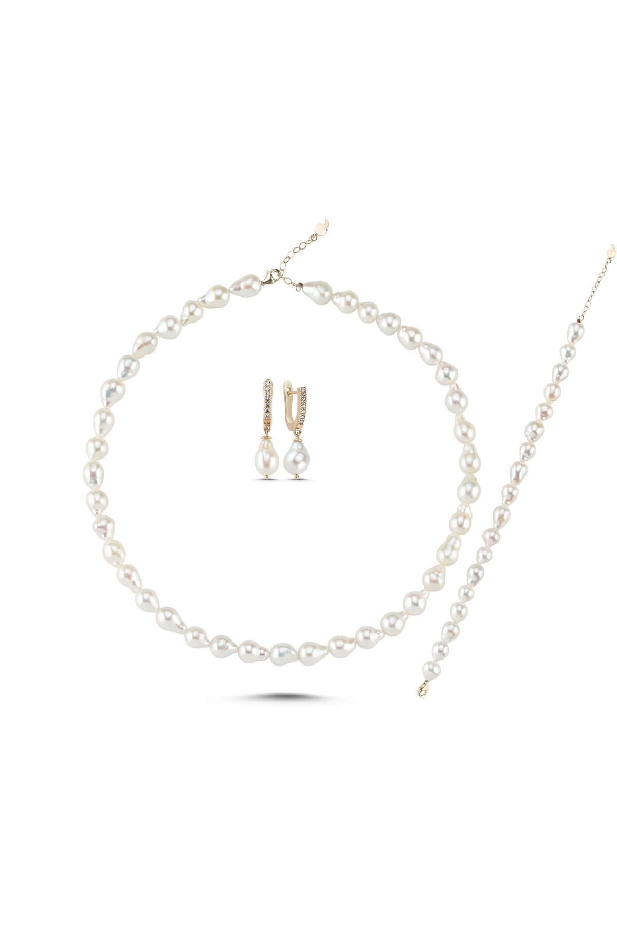 Lined Up Drop Natural Pearl Necklace Bracelet Earring Triple Set