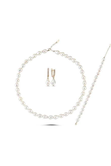 Lined Up Drop Natural Pearl Necklace Bracelet Earring Triple Set